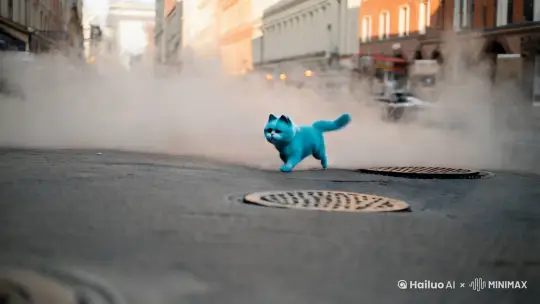 一只蓝色的加菲猫从远处跑过来，两边是快速后移的楼房，地下的井盖冒着热气。 by Hailuo AI Video Generator