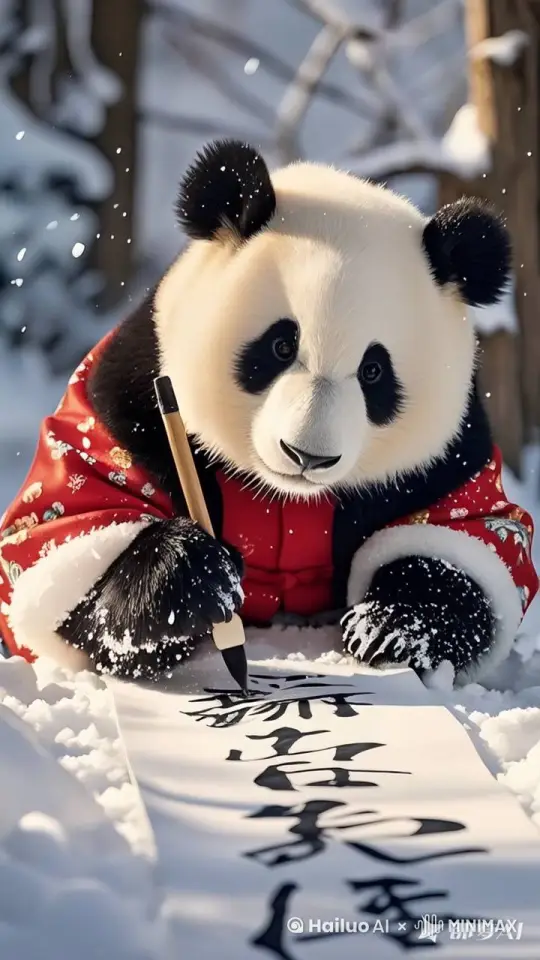熊猫在写字“新年快乐” 雪花飘落 熊猫耳朵不时动一动 眼睛眨眨 by Hailuo AI Video Generator