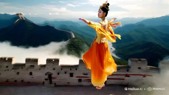 1. （快速高空跟踪镜头移动，无人机视角，36k 高清 ）一个超现实的高速梦境序列，一位身着敦煌服饰的精美佳人优雅地向前飞行，她身着一袭金黄色与橙色相间的飘带流裙，肩部的飘带随风飘动，（绝美面容在阳光下闪耀，精美的头饰和耳环增添了她的魅力 ）双臂摆出优美的造型。相机从略高位置的俯视角度紧密跟踪，从左后方向右后方移动，拍摄她飞在长城之上的背影。环境是动态的，快速变化，下面是雄伟的长城，（四周是飘动的白云，远处是壮丽的山河 ）运动模糊和光迹增强了速度感和流畅性。快速移动。 by Hailuo AI Video Generator