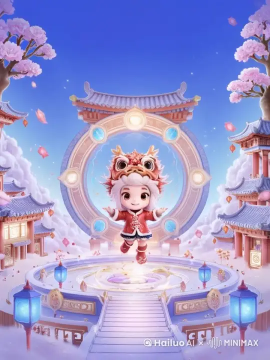 微动效，人物上下浮动，微笑，眨眼，下方光束照亮，后面八卦圈转动，飞花，桃花飘落，缓慢，优雅的动画效果，和谐的画面，高清画质，高质量，8k by Hailuo AI Video Generator