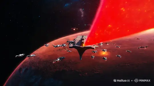 8K高清，角度广角拉近，太空母舰发射红色信号弹，几百架小型太空战机冲向红色星球，荒凉的地面防空炮快速发射，战斗激烈，星球的防空炮被击中发生爆炸，空中也有战机被击中，场面庞大，科幻电影画质 by Hailuo AI Video Generator