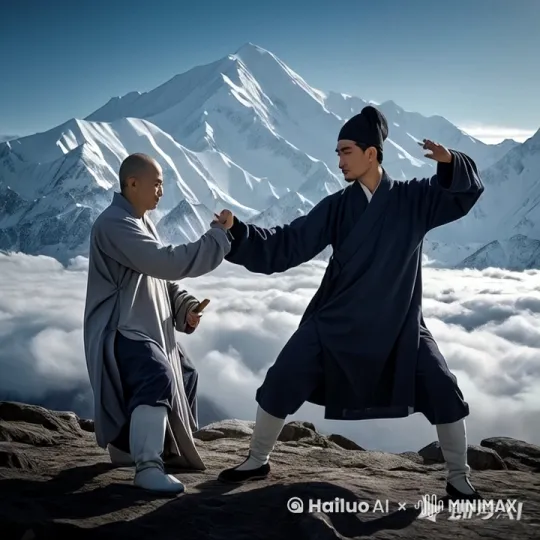 镜头移动，动态跟随，右边的和尚率先发起攻击，它左腿猛地一蹬地，高高跃起，右脚如旋风般扫向左边人的头部。左边人也跟随腾空而起，同时不段格挡，同时猛地飞身一脚，向右边的和尚踢去，左拳如雷霆万钧之势直击右边和尚。右边的和尚转身向远处飞去，避开拳头，左边的人也跟着腾空追着和尚飞去。 by Hailuo AI Video Generator