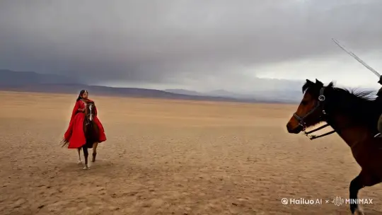 汉风 红衣少女 剑客 汗血宝马 骑马奔腾 戈壁沙漠 全景 由远及近 侧面 空中下着雪
 by Hailuo AI Video Generator