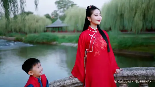 小桥流水，1.68米的杭州姑娘，穿红色的汉服，站在桥上远望。眼睛明亮，微笑。旁边一个小男孩，仰望姑娘，哈哈大笑 by Hailuo AI Video Generator