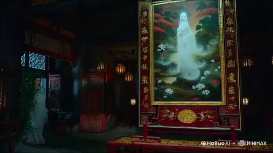 电影效果，固定镜头，模仿香港电影《倩女幽魂》场景，一幅画上挂着聂小倩的形象，并且画中的聂小倩随即变成真的聂小倩迎面走过来，看向镜头 by Hailuo AI Video Generator