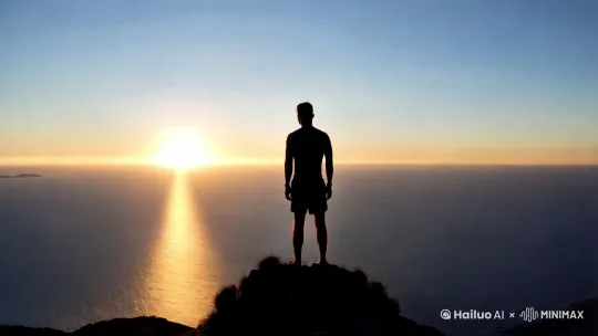 剪影效果，穿着短裤的男人背对镜头，在山顶眺望大海，震撼的海上日出，镜头慢慢推向太阳， by Hailuo AI Video Generator