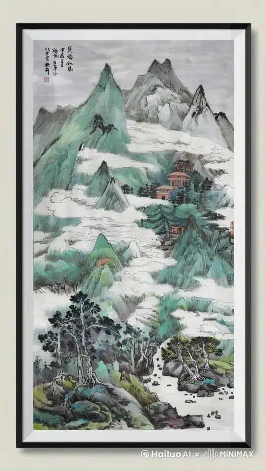 山水画让白云飞动，山川小溪流水潺潺 by Hailuo AI Video Generator