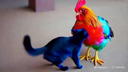 蓝色猫人在和叮咚鸡玩 by Hailuo AI Video Generator