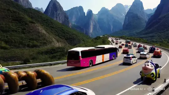 在崇山峻岭的大山中，盘延着一条双向四车道的高速公路，公路上行驾驶很多的公交汽车和小轿车，这些车子的形状很怪，长公交车有着蜈蚣的外形，很多的轮子，小汽车是各种各样的小动物造型 by Hailuo AI Video Generator