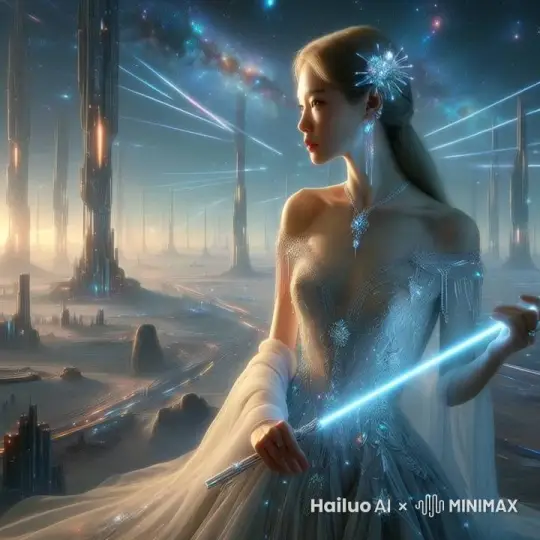 优雅精致的光效，发丝缓缓随风飘荡，流星迅疾从天边划过。 by Hailuo AI Video Generator