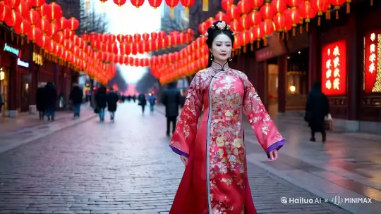 冬日里身着传统喜庆服装的中国美女漫步在王府井大街上 by Hailuo AI Video Generator