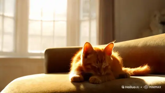 太阳透过窗户晒在卷在沙发上睡觉的小橘猫身上，下一画面小橘猫伸懒腰起身变成一只成年大橘猫 by Hailuo AI Video Generator
