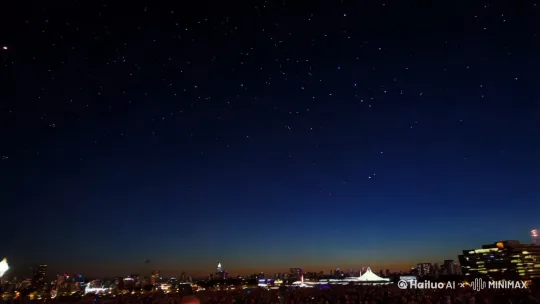 视角: 广角镜头，从地面仰视天空
内容: 画面开始时是深蓝色的夜空，星星点点，远处有城市的灯光闪烁。随着镜头的推进，天空逐渐被礼花照亮.
细节: 城市中心广场上人头攒动，人们兴奋地倒数计时，等待着礼花的绽放 by Hailuo AI Video Generator