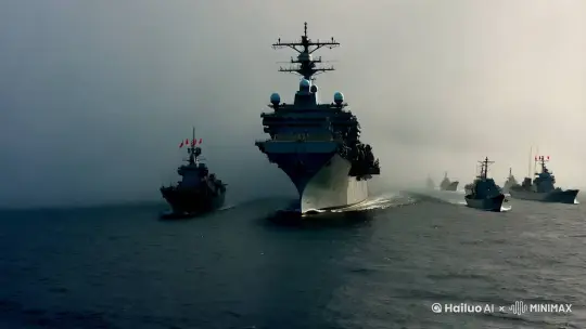 大海上雾气缭绕，一搜航空母舰缓缓驶出大雾，随后他身后驶出一群战舰，战舰上红旗迎风飘荡 by Hailuo AI Video Generator