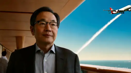 亚洲中年眼镜男向镜头走来，背后的飞机缓缓起飞，男人回头看着飞机，内心充满希望，画面切换到大学生儿子正在飞往纽约，下一画面是纽约城和自由女神像 by Hailuo AI Video Generator