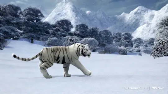 動漫  白老虎 長白山 下雪 全影 近影 奔跑 by Hailuo AI Video Generator
