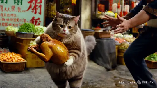 一只肥猫，爪子里提着一整只烤鸡，在市场上逃离人们。一名男子正在追赶它，双手放在头上，双腿快速移动。照片的背景以亚洲文字为特色。风格应该是现实和详细的。高分辨率。大眼睛。 by Hailuo AI Video Generator