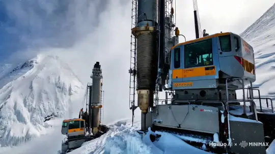 高科技潜孔钻机在雪山之巅打孔作业 by Hailuo AI Video Generator