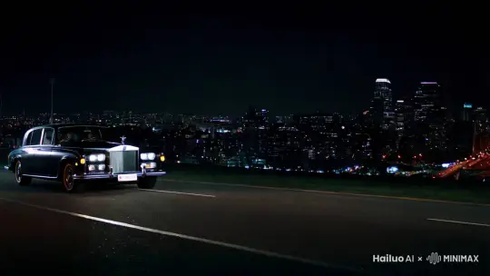 劳斯莱斯银魅 奔腾在夜晚城市中 全景 由远及近 侧面   by Hailuo AI Video Generator