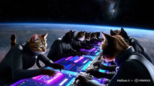遥远的宇宙夜空，电脑键盘敲击声此起彼伏， 一群身着黑色太空服的猫咪们正在用加密代码，向太空发射信号，召唤喵星舰队！他们准备入侵地球。4K画质，大师作品。 by Hailuo AI Video Generator