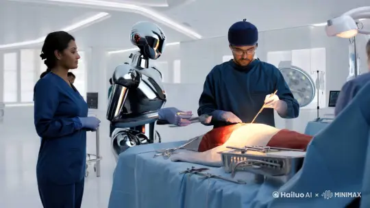 高科技医疗中心，医生与AI助手共同操作精密仪器，进行复杂手术
 by Hailuo AI Video Generator