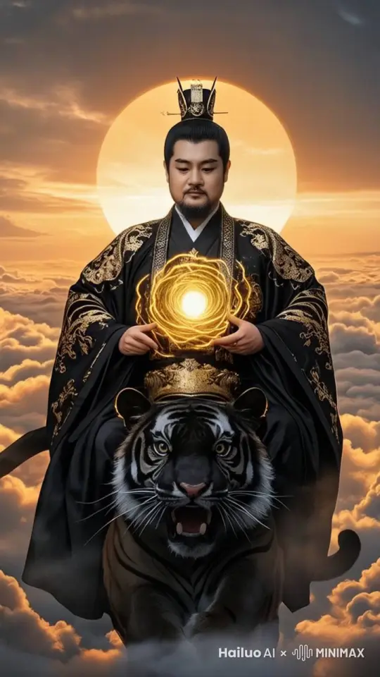 视频展示的是财神赵公明，骑着黑虎缓慢行走在云端，天空中雷霆闪耀，背后金色发轮缓慢转动，天空中云层缓慢涌动，双手上的金色能量漩涡缓慢转动，3秒的时候人物双手缓缓打开，4秒的时候人物双手将金色能量漩涡推向镜头方向，画面主体动态呈现，动作自然流畅，环境光，过程丝滑而匀速，符合逻辑，极致细节，镜头跟拍，超真实动态捕捉。人物脸部不变形。清晰自然，不模糊，高质量，没有瑕疵 by Hailuo AI Video Generator
