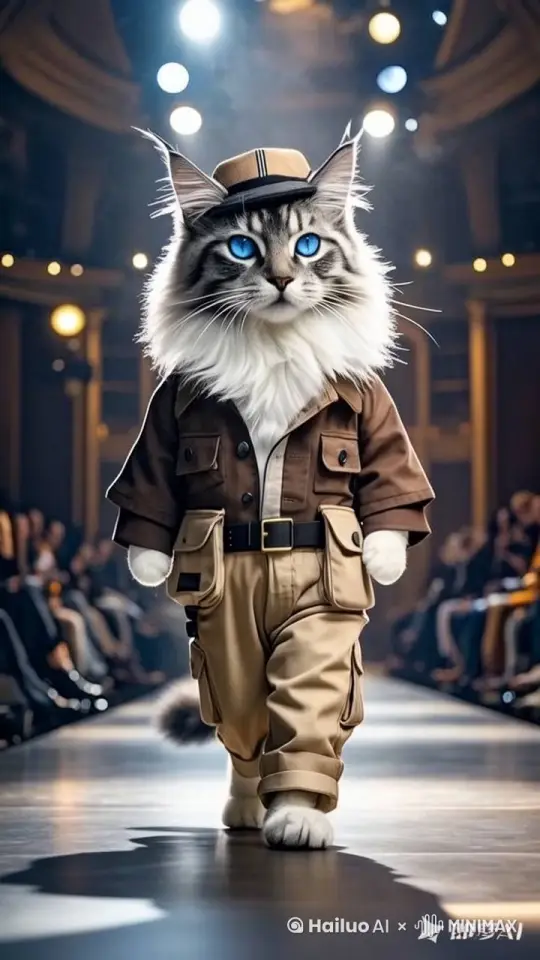 固定镜头，以升格拍摄一只毛色洁白且带有清晰黑条纹的雄性缅因猫。它长相俊俏帅气，犀利的蓝色大眼睛炯炯有神，深邃迷人，特写镜头下瞳孔光芒尽显，神秘非凡。身上黑条纹错落，胸部与腹部覆盖着如雪白绒，特写腹部绒毛，质感细腻清晰可感。

它如时装模特般，沿笔直路线朝屏幕优雅走来，步伐轻盈、沉稳。上身穿着柔软舒适的咖色衬衫，外搭米色或卡其色工装外套，外套口袋、纽扣细节精致入微；下身搭配美式卡其工装裤，尽显硬朗风格。头上戴着意大利西西里岛黑手党风格帽子，增添神秘酷帅气息 。

走秀台被绚丽明亮灯光照亮，背景是台下观众惊喜赞叹的神情，特写捕捉观众兴奋表情与闪烁目光。整体画面为8K高清，呈现电影质感，色彩鲜艳饱满，细节清晰锐利，宛如大师杰作 。 by Hailuo AI Video Generator