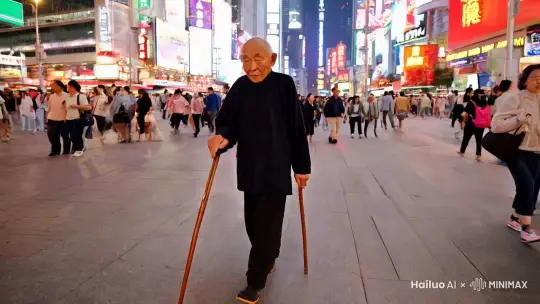 一个老人拄着拐杖过马路，对面是上海南京路，人很多 by Hailuo AI Video Generator