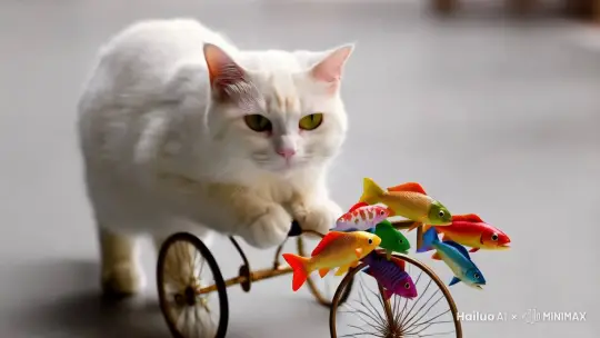 一只纯白的猫在骑三轮车，车上放了很多鱼 by Hailuo AI Video Generator