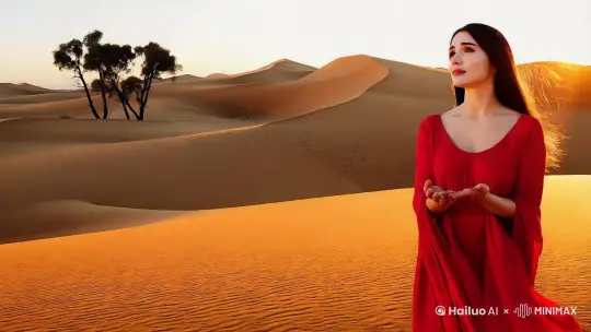在一片广袤无垠的金色沙漠之中,夕阳的余晖如纱幔般轻柔地洒下,给整个天地都镀上了一层梦幻的金边。远处连绵起伏的沙丘,线条柔美,像是大地沉睡的曲线。
画面的中心,一位身姿婀娜的女子静静地伫立着。她身着一袭飘逸的红色长裙,裙摆随风轻轻摆动,宛如燃烧的晚霞。女子的长发如瀑布般垂落在身后,几缕发丝被微风撩起,在空中肆意飞舞。她的面容姣好,眼眸宛如沙漠深处的清泉,此刻却满含着思念与哀愁,凝望着远方的天际。
女子微微抬起双手,掌心向上,仿佛正捧着一份无比珍贵却又无形的宝物。也许在她的手心之中,承载着往昔与心爱之人共度的美好时光,那些温柔的触碰、深情的凝视,都化作了此刻掌心的温度。在她身旁,几株干枯的胡杨树枝桠交错,像是忠诚的卫士,默默见证着她的痴情。脚下,流沙缓缓移动,似在低语着岁月的流转,却无法冲淡她心中对真爱的执着眷恋,她就这样伫立在黄昏的沙漠,等待着、盼望着爱人归来,融入这唯美而略带忧伤的画卷之中。 by Hailuo AI Video Generator