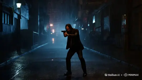 暴雨中的JohnWick，使用莫桑比克射击法 by Hailuo AI Video Generator