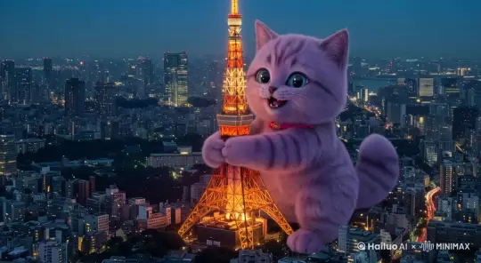 画面中的巨大的毛绒猫咪表情生动，抱着东京铁塔使出了十万伏特雷击，紫色的闪电特效，闪电过后，东京铁塔熄灭了。 by Hailuo AI Video Generator