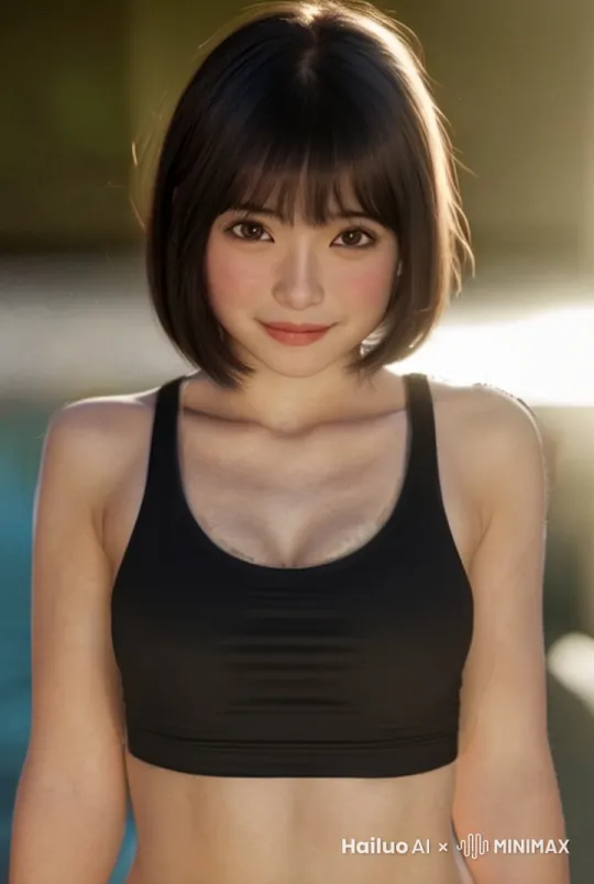 女孩对着镜头说话，说话时开心的笑，然后停止说话表情慢慢平静变为微笑同时双手捂住胸口，镜头先缓慢拉近，然后缓缓下降焦点集中在胸口 by Hailuo AI Video Generator
