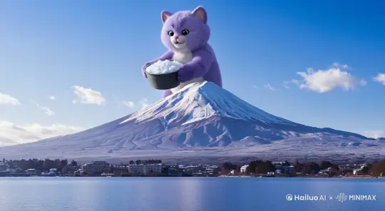 画面中的巨大的毛绒猫咪表情生动，抱着一盆子雪往富士山的山顶浇下去，白雪覆盖了整个富士山的山顶，白色的雪崩效果。 by Hailuo AI Video Generator
