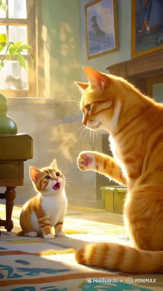 猫妈妈在严厉的训斥小猫，小猫仰头看着妈妈，卖着萌，两只圆溜的小眼睛不停的转着，显得非常可爱。小猫的嘴巴不停的叫着。 by Hailuo AI Video Generator