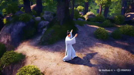 要创建的主要表现物：道士  场景空间：宁静的山林运动/变化：道士动作流畅地打着太极拳，衣袂飘动镜头运动：镜头先从山林的树梢缓缓下降，落在道士身上，然后围绕道士缓慢移动，展现其全身动作美感氛围：画面色调清新，阳光透过树叶的缝隙洒下，营造出祥和、自然的氛围  by Hailuo AI Video Generator