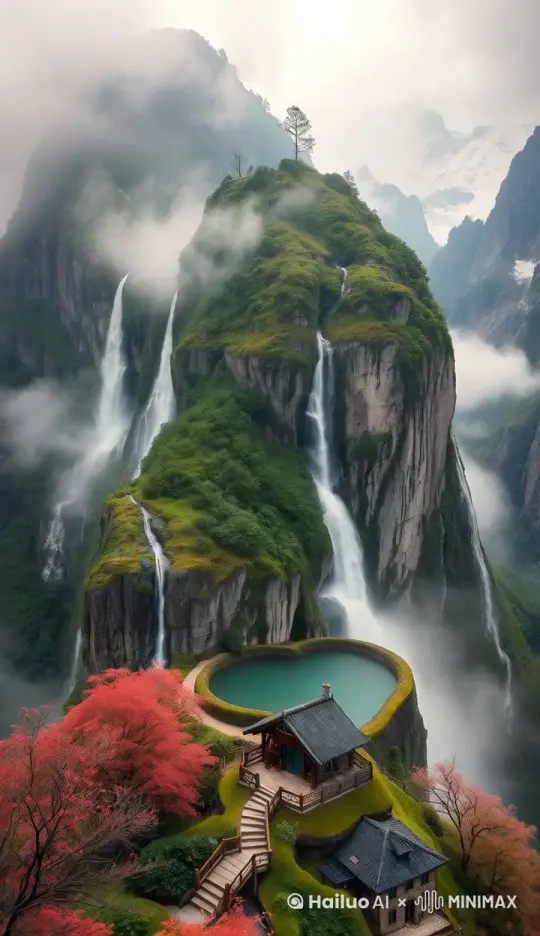 瀑布飞流直下，雾气弥漫，池水荡漾，人间仙境，镜头维持固定小屋，画面色调自然写实，电影级调色。 by Hailuo AI Video Generator