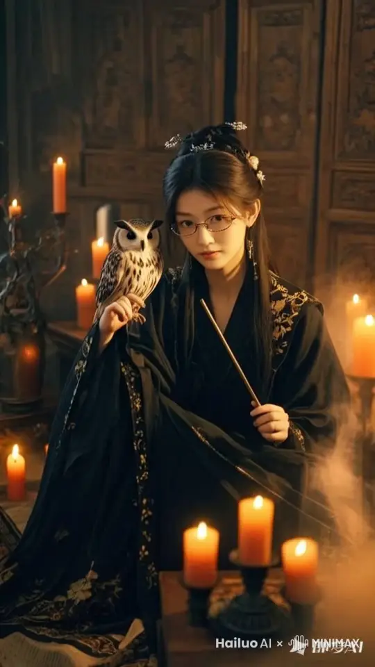 镜头跟随，戴着眼镜的少女站起来，迈着模特步，正面走向观众，手上的猫头鹰跳到少女肩上，极致特效，电影风格， by Hailuo AI Video Generator
