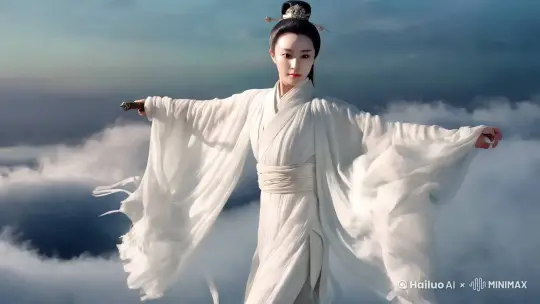 视频展示了一个中国古代的侠女,手拿着兵器,双手展开,在翻滚的云朵间对着镜头飞奔而来。她身穿一袭飘逸的白袍,面容娇美,步伐轻盈,仿佛踏云而行。背景中的白云呈动态不断翻滚,为这场面增添了几分仙气,整个画面充满了动感与诗意,让人仿佛置身于古代武侠世界之中。画面成动态呈现,动作丝滑,镜头由远及近,电影风格 by Hailuo AI Video Generator