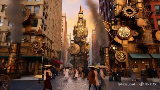 In a bustling New York City block, the architecture is transformed into a fantastical steampunk vision. Towering clockwork spires and steam-powered mechanisms adorn the buildings, their gears clicking and whirring in a mesmerizing symphony. The central street is lined with cobblestones, and the air is thick with the scent of coal and oil. Pedestrians in Victorian attire hurry by, their parasols fluttering in the wind, while steam carriages glide smoothly along the road. The camera pans across this vibrant scene, capturing the intricate details of the mechanical wonders and the lively crowd, all bathed in a golden afternoon light that adds a touch of nostalgia to this imaginative world. 8K, HD by Hailuo AI Video Generator