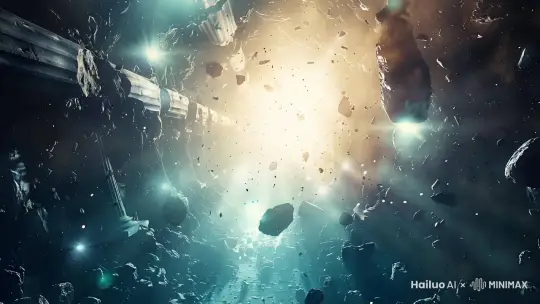 镜头向前推进，石块缓慢浮动，光芒闪耀 by Hailuo AI Video Generator