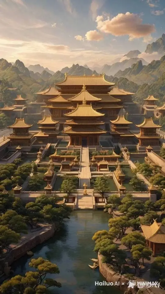 全景航拍镜头，由远景至近景处的最高宫殿内，天上的云朵慢慢移动，河水慢慢流着，植被被风吹动着 by Hailuo AI Video Generator