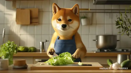 画面中的柴犬正在厨房忙碌的切菜 by Hailuo AI Video Generator