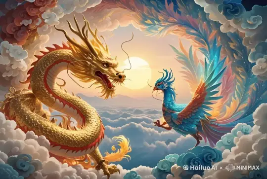 龙从左边飞入到画面中，凤凰从右边飞入画面中，云朵不断涌动，镜头从远景到近景， by Hailuo AI Video Generator