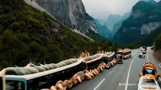 在崇山峻岭的大山中，盘延着一条双向四车道的高速公路，公路上行驾驶很多的公交汽车和小轿车，这些车子的形状很怪，长公交车有着蜈蚣的外形，很多的轮子，小汽车是各种各样的小动物造型
每个车子都是动物造型 by Hailuo AI Video Generator