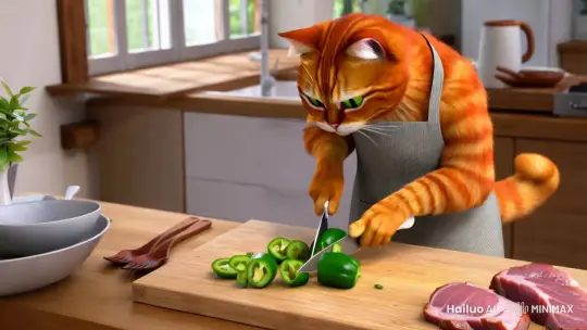 一只拟人化的橘猫在家切青椒，切猪肉，带着围裙 by Hailuo AI Video Generator