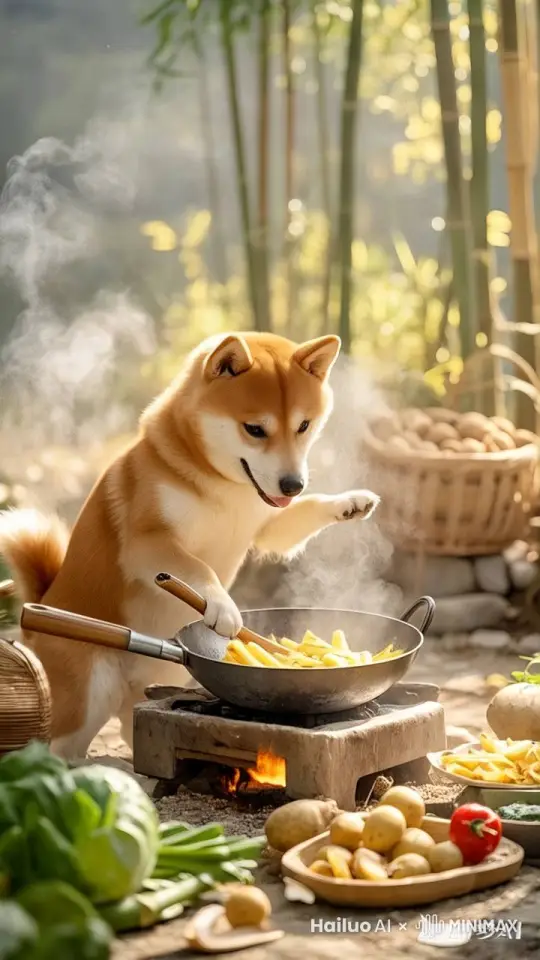 一只可爱的小柴犬狗爪拿着锅铲，认真地不断搅拌着油锅里的土豆条，油锅里还冒着热气。背景是农家小院的，全景。 by Hailuo AI Video Generator