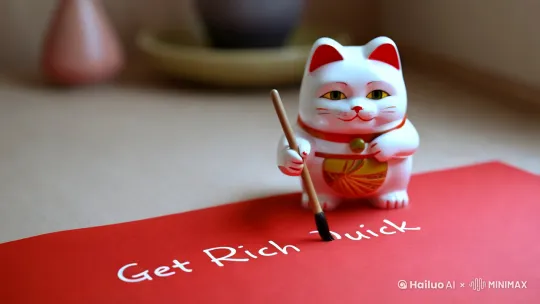 招财猫在红纸上写毛笔字——暴富 by Hailuo AI Video Generator