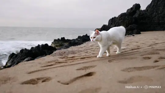 一只在海边散步的白色猫咪 by Hailuo AI Video Generator