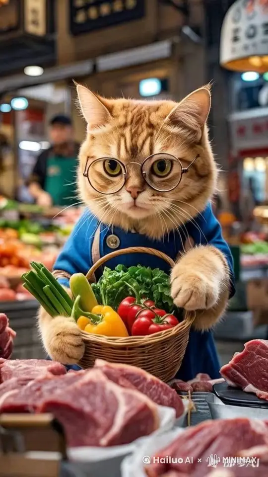 猫拿起一块肉放进菜篮子里，拿出手机，按两下手机屏幕，走了 by Hailuo AI Video Generator